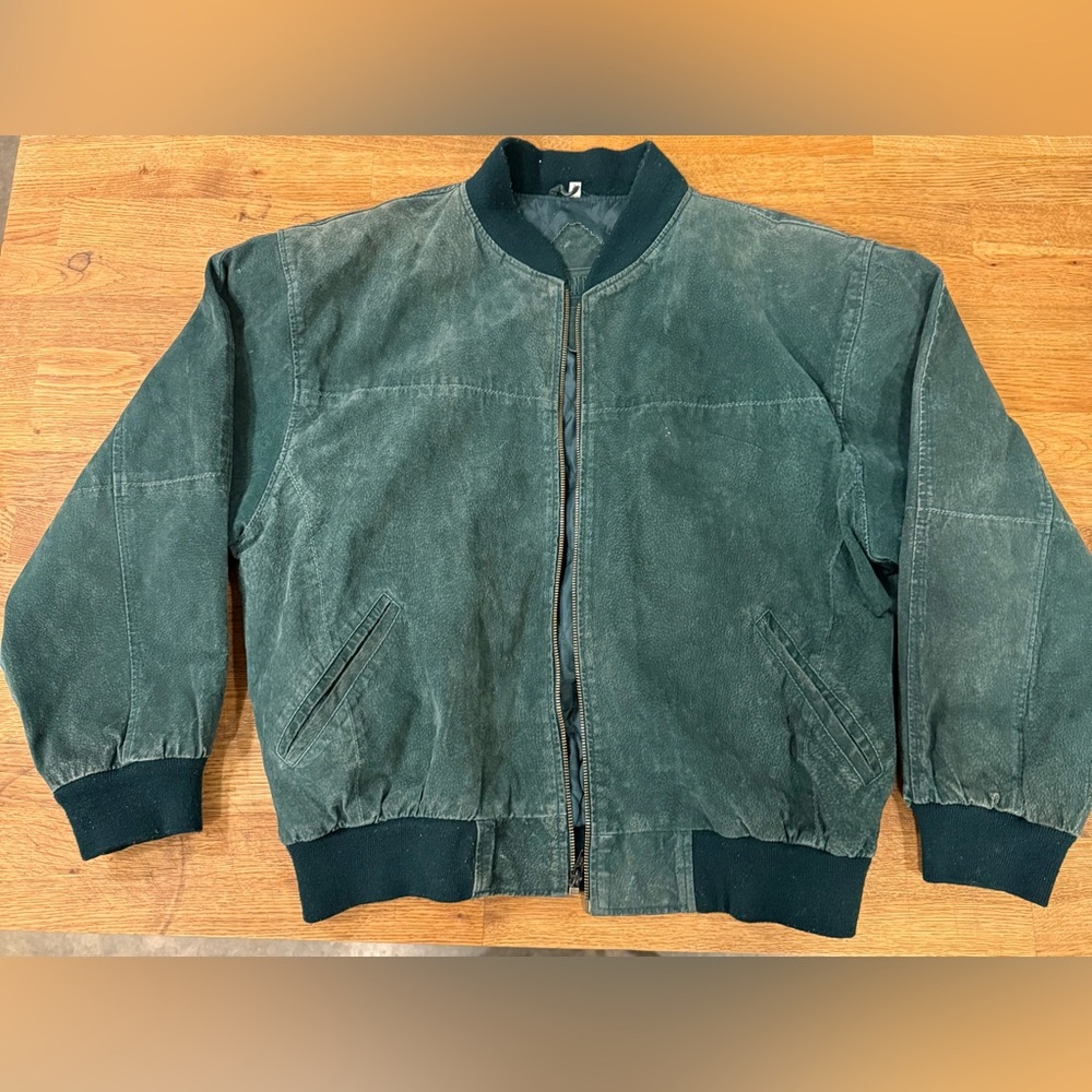 Vintage RARE Barneys New York Dark Green Suede Bomber Jacket Size Large